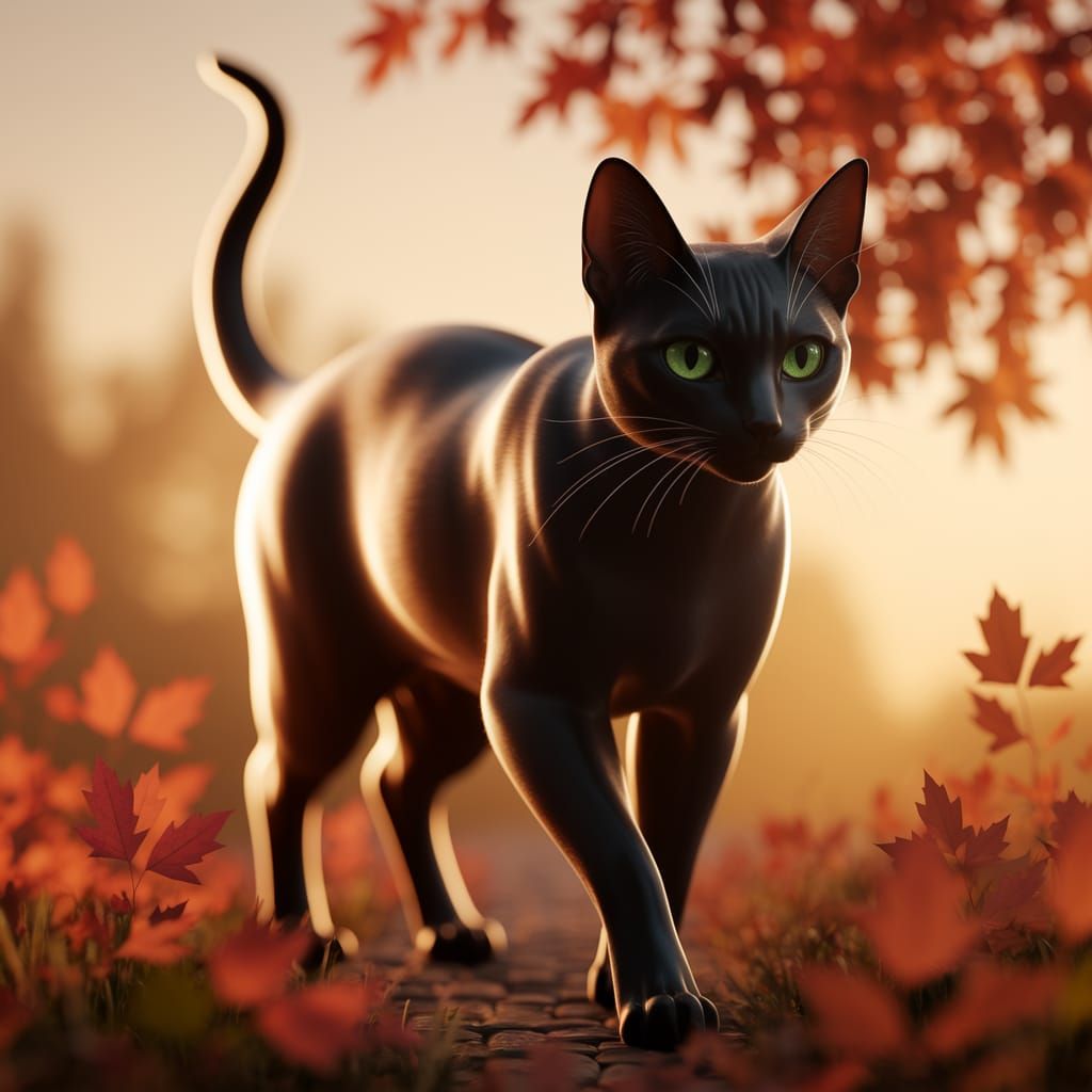 Elegant Black Cat Silhouette Walks Against Autumn Leaves