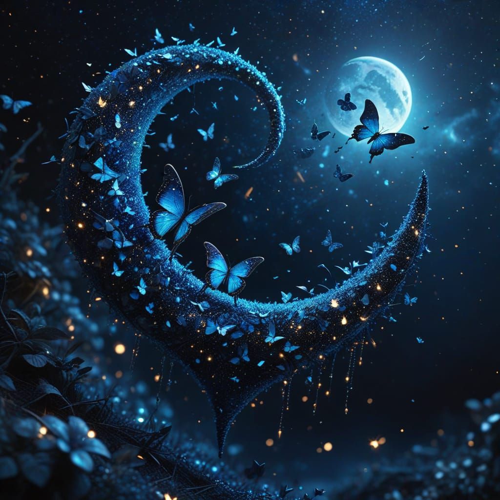 Glittering Butterflies Under Crescent Moon in Dark Fantasy A...