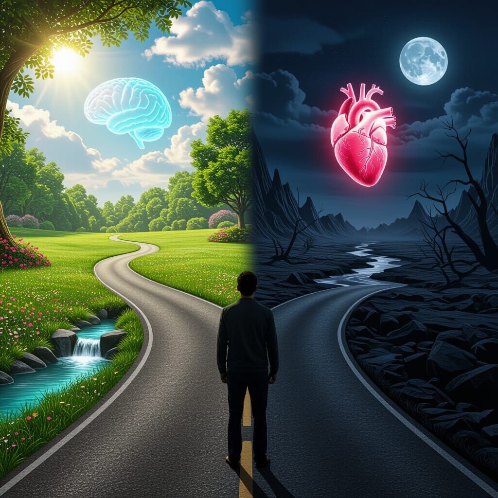 Surreal Crossroads: Brain or Heart in Digital Painting