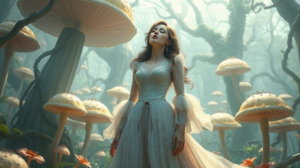 Victorian Songstress in Wonderland's Dreamlike Landscape