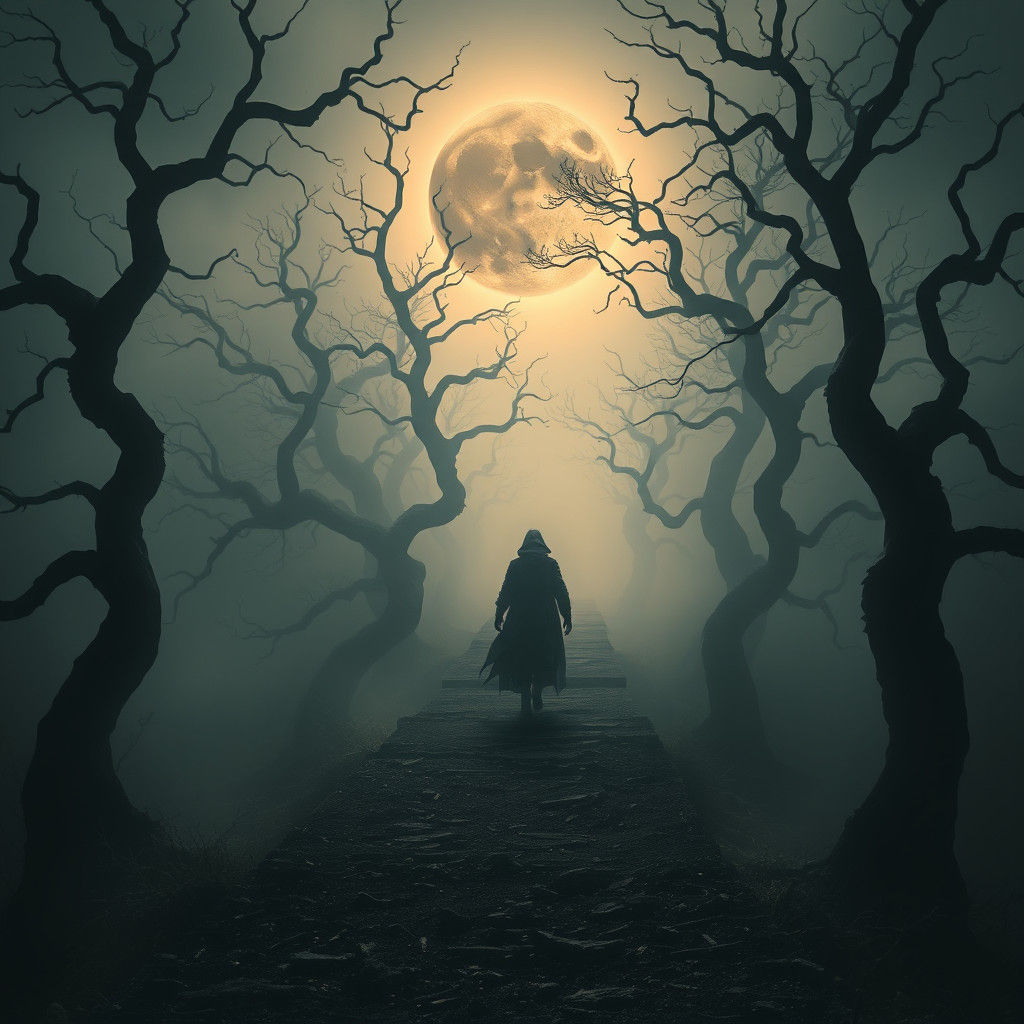 Eerie Figure on Misty Path Under Black Moon