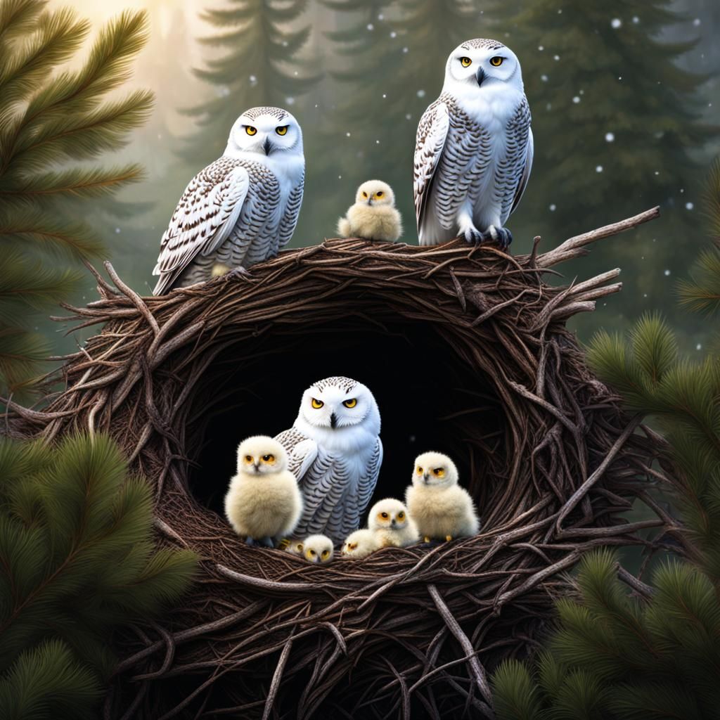 Snowy Owl with Chicks Digital Art