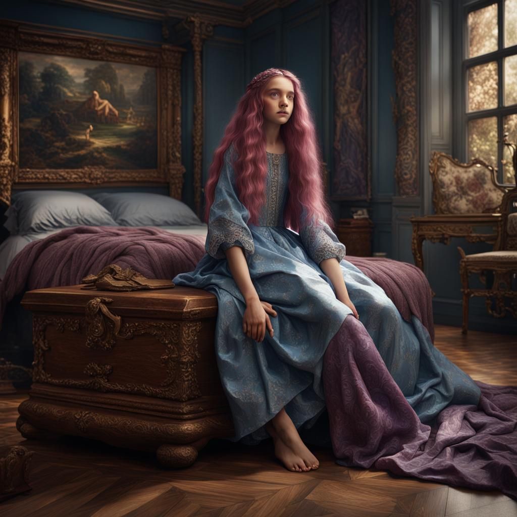Girl with Mauve Hair in Sumptuous Bedroom