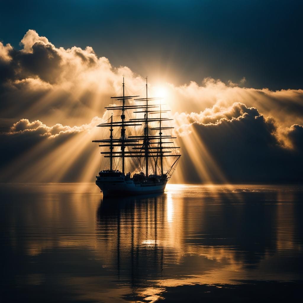 Ship Sails Through Clouds in Divine Light