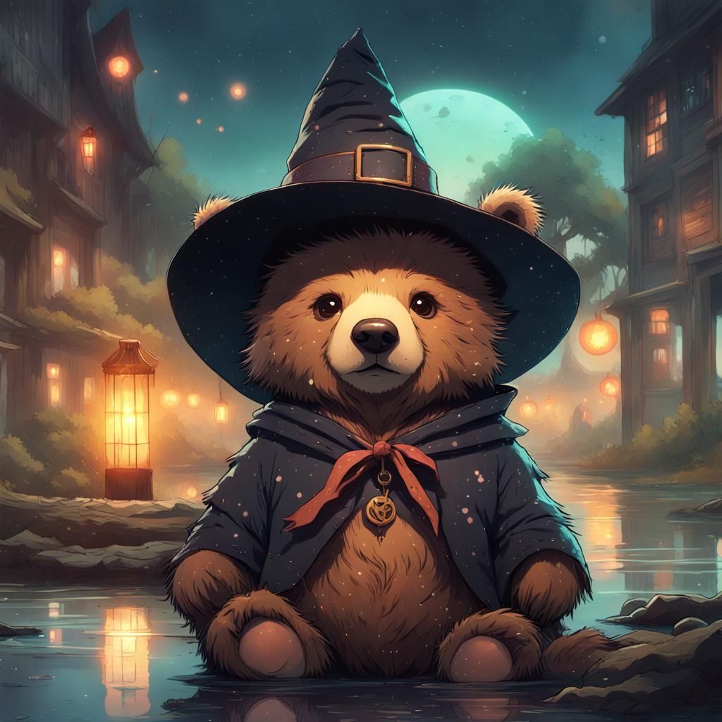 Anime Bear Cub Witch with Celestial Background