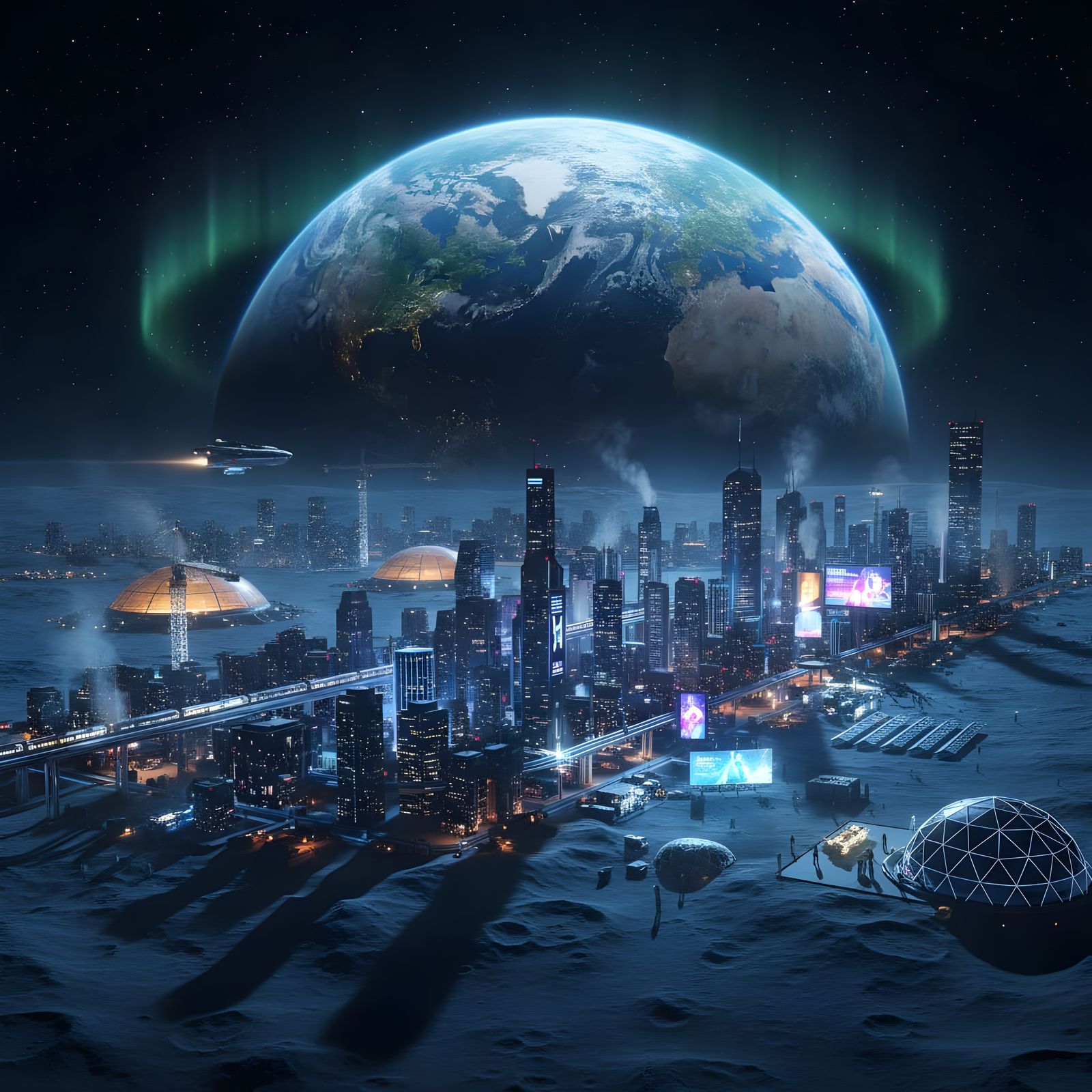 Futuristic Moon City Under Earthlight, Hyperrealistic Cinema...