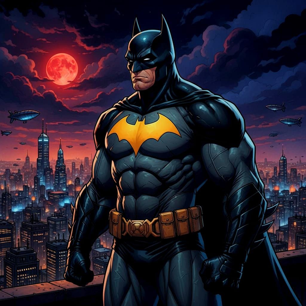 Batman in Black Armor Over City Under Red Moon