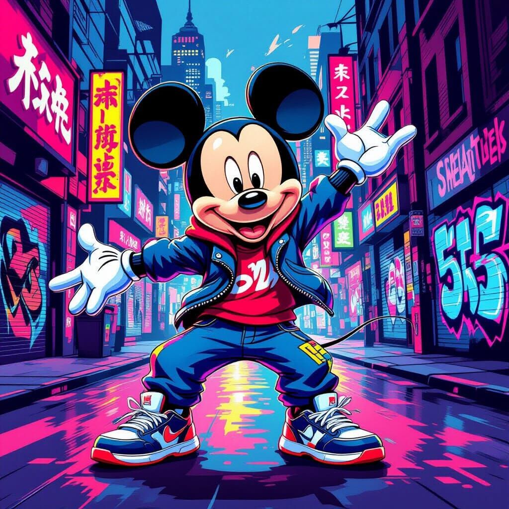 Mickey Mouse as a Street Dancer in Urban Neon Style