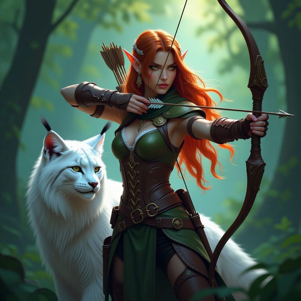 Elven Ranger with Lynx in Forest, Hyperdetailed Art