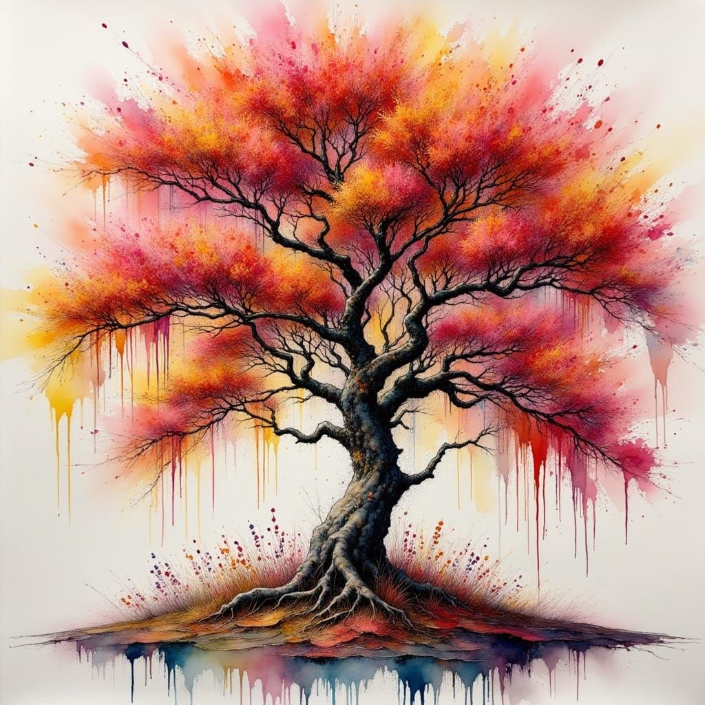 Golden Autumn Tree in Misty Morning Light, in Soft Impressio...