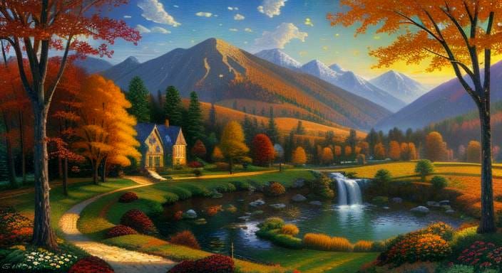 Autumn Landscape Portrait in Mosaic Pointillism