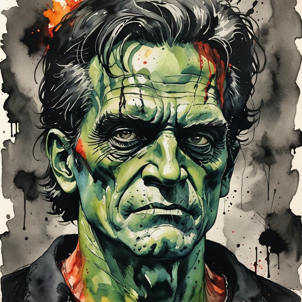 Blazing Frankenstein in Charcoal Watercolor