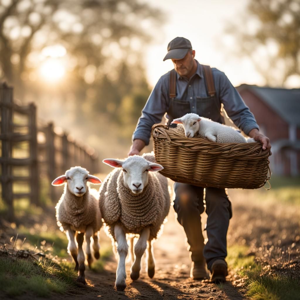 Farmer Carries Lamb in Midwest Landscape: DSLR Photography