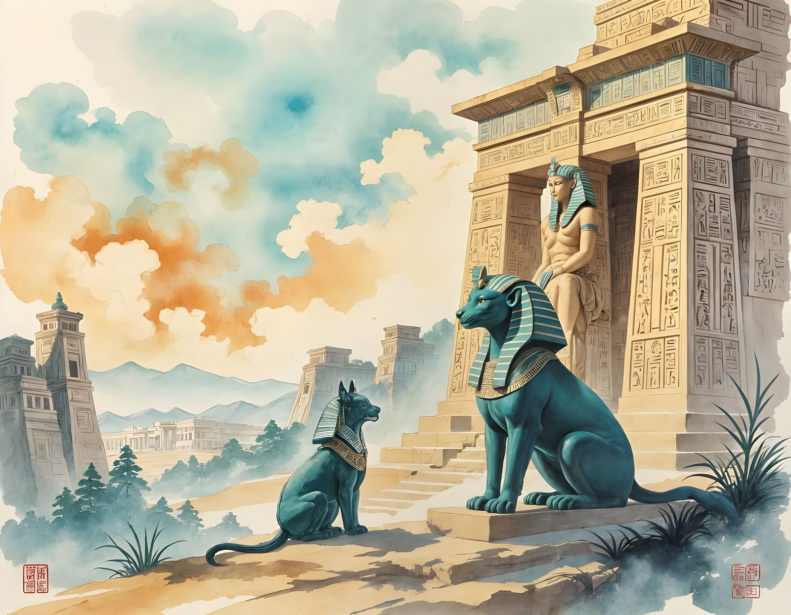 Sphinx at Egyptian Temple in Chinese Ink Painting