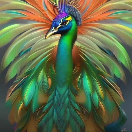 Colorful Peacock Portrait in Hyperdetailed Splash Art