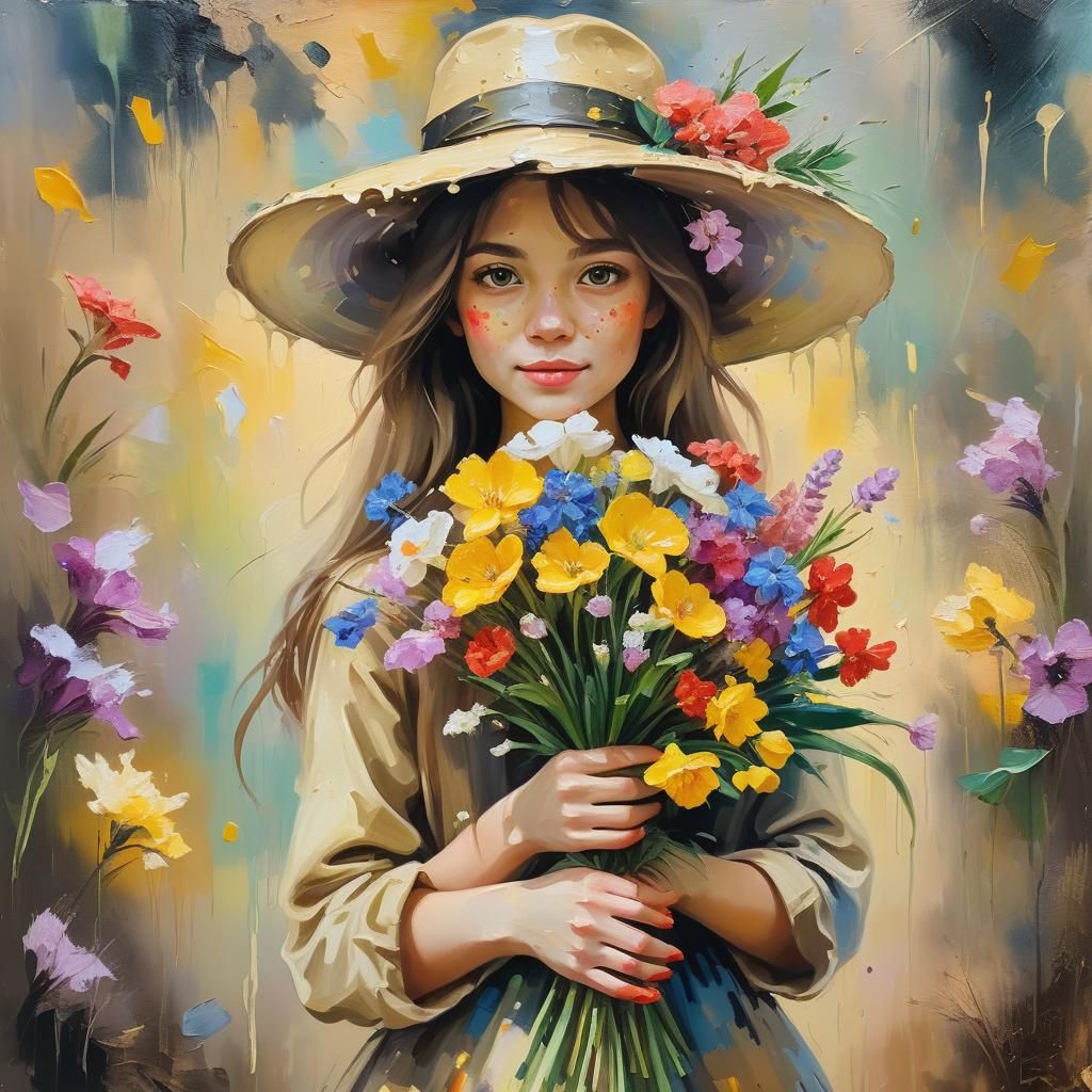 Impressionistic Portrait of Girl with Spring Flowers