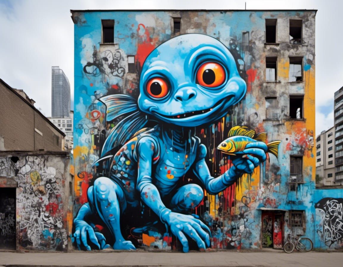 Blue Alien Eats Zombie Fish in Neo-Expressionism