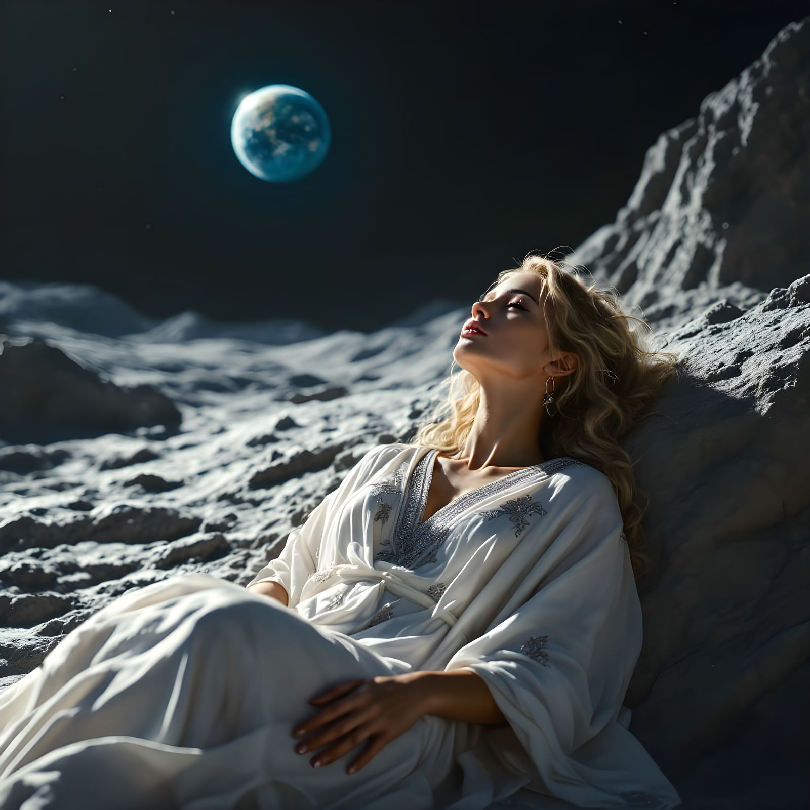 Serene Goddess Reclines on the Moon's Rugged Surface