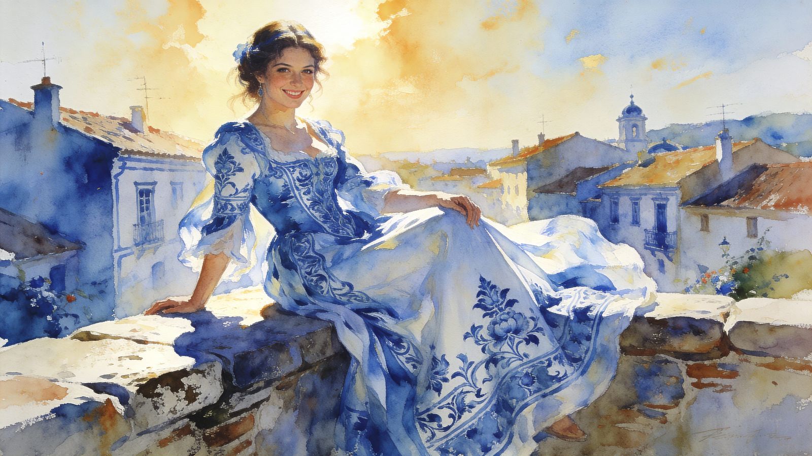 Woman in Delft Blue Dress Sitting in Sun