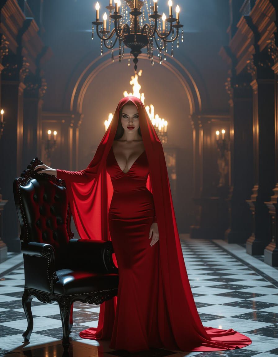 Creepy Woman in Red Shroud with Gothic Hall