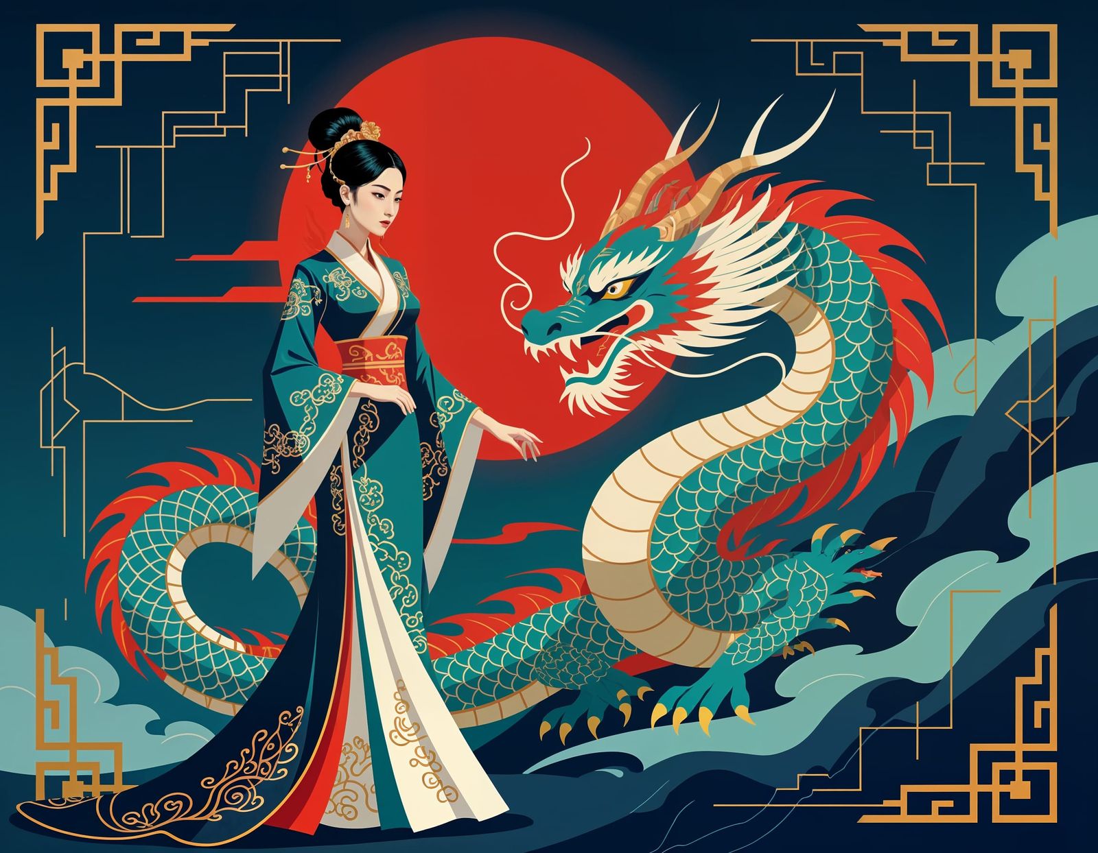 Chinese Woman with Dragon in Futuristic Style