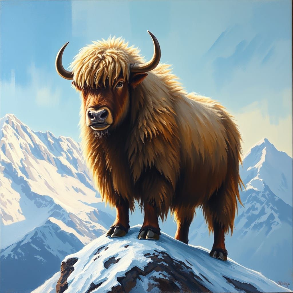 Majestic Yak on Snowy Peak as Impressionist Oil Painting