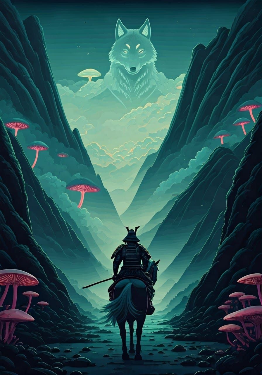 Samurai's Mystical Journey Through a Dreamlike Landscape