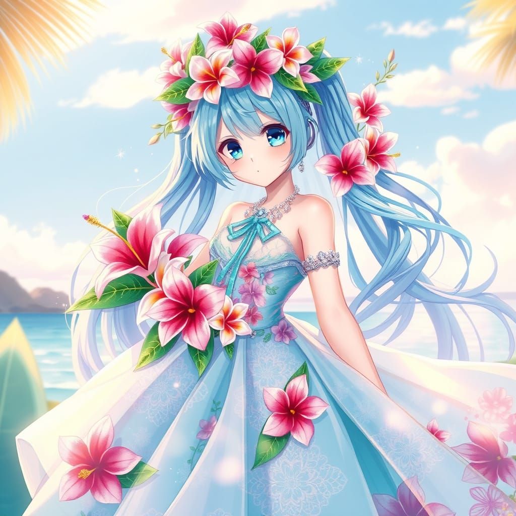 Cyberpunk Tropical Island Princess with Vibrant Floral Crown