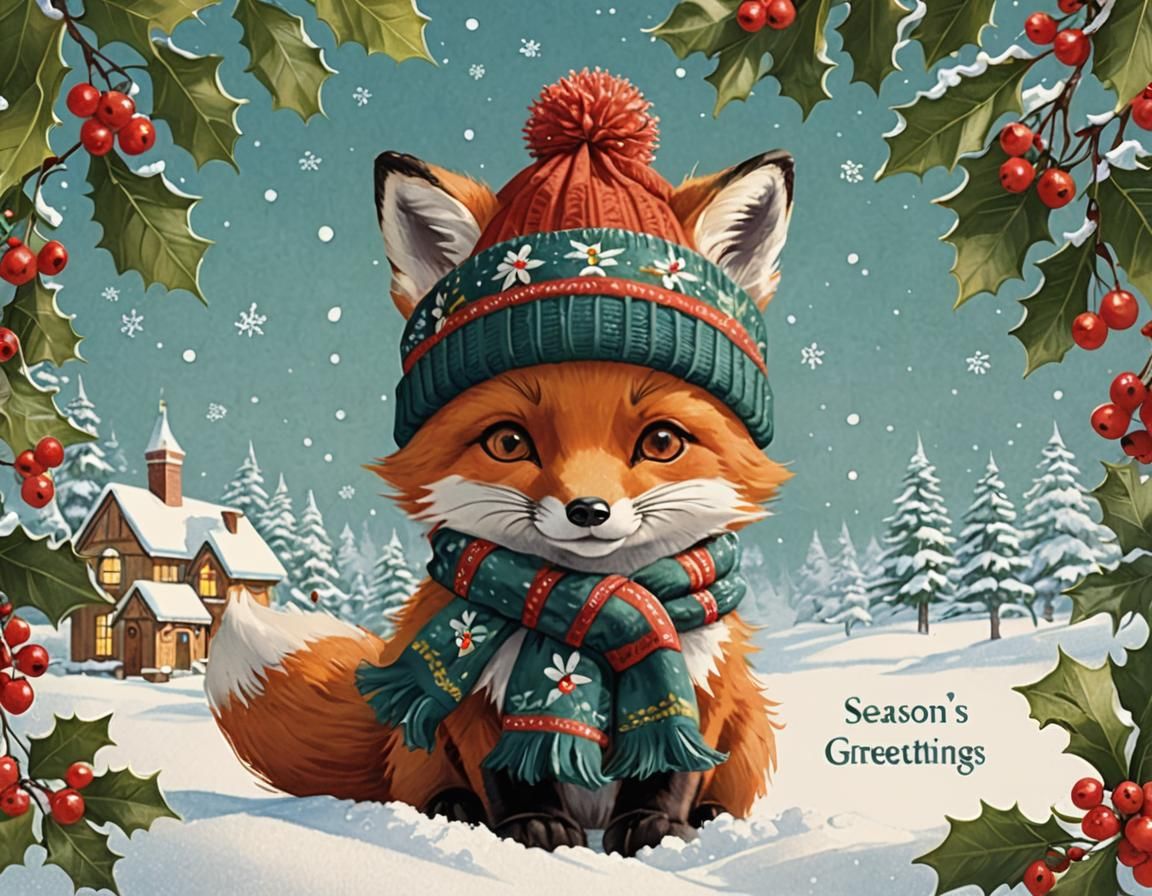 Festive Season's Greetings Postcard with Adorable Fox