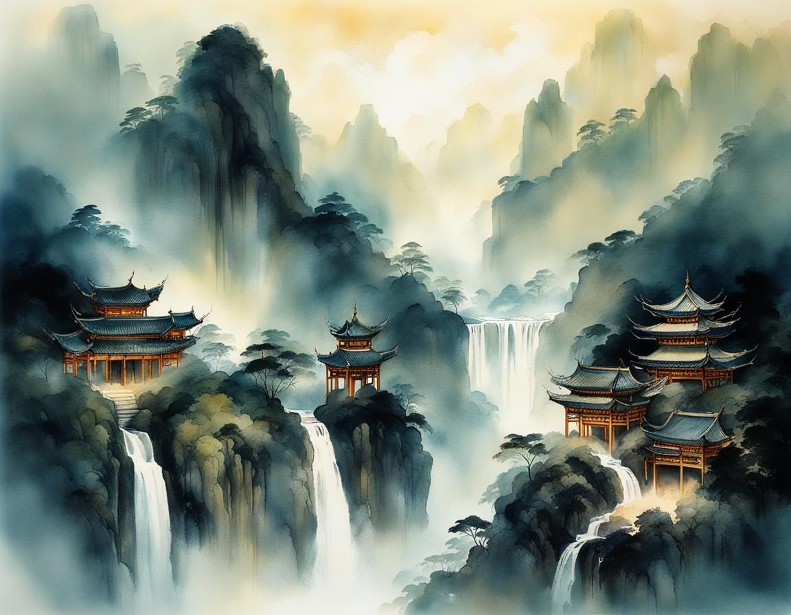 Elven City Floating Over Waterfall in Chinese Ink Painting