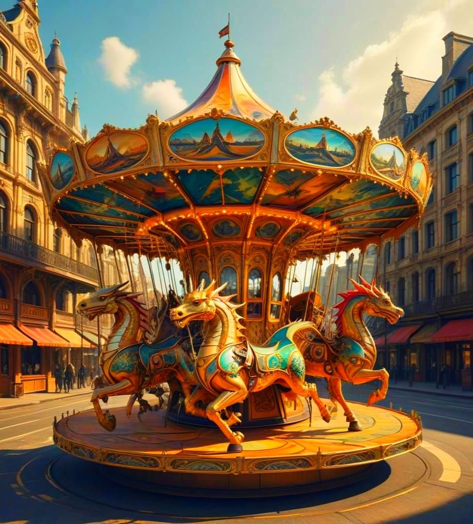 Golden Steampunk Carousel in Desolate City Street