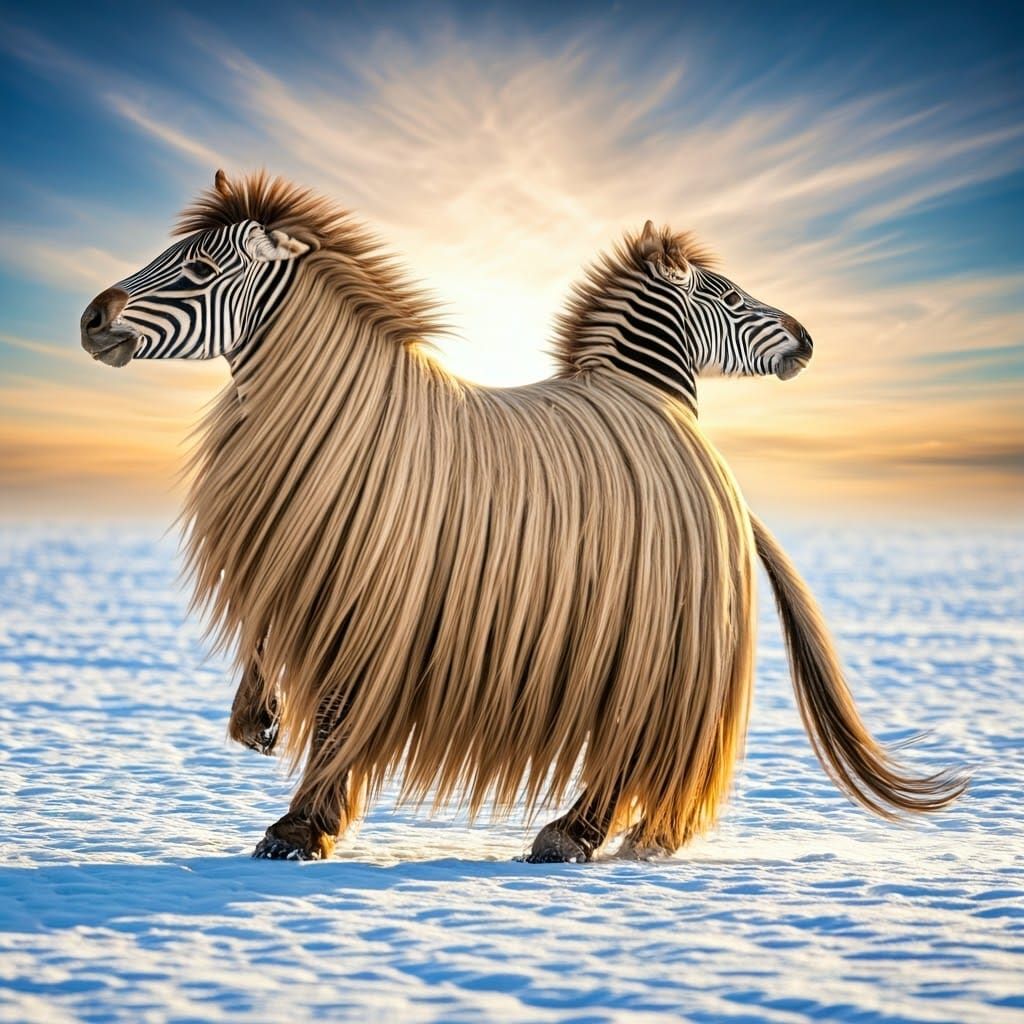 Majestic Fluffy Zebra Gallops in Snowy Serenity