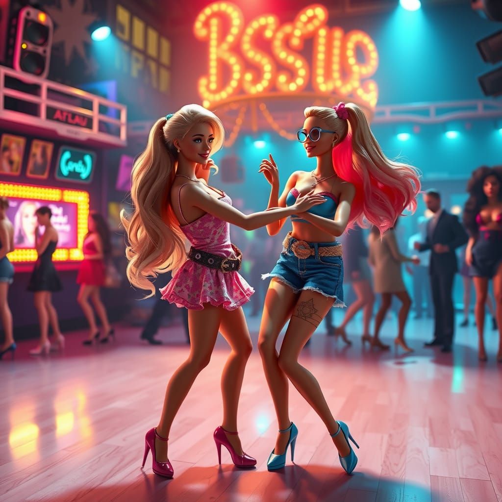 Barbies Dancing in Disco Nightclub as Digital Art