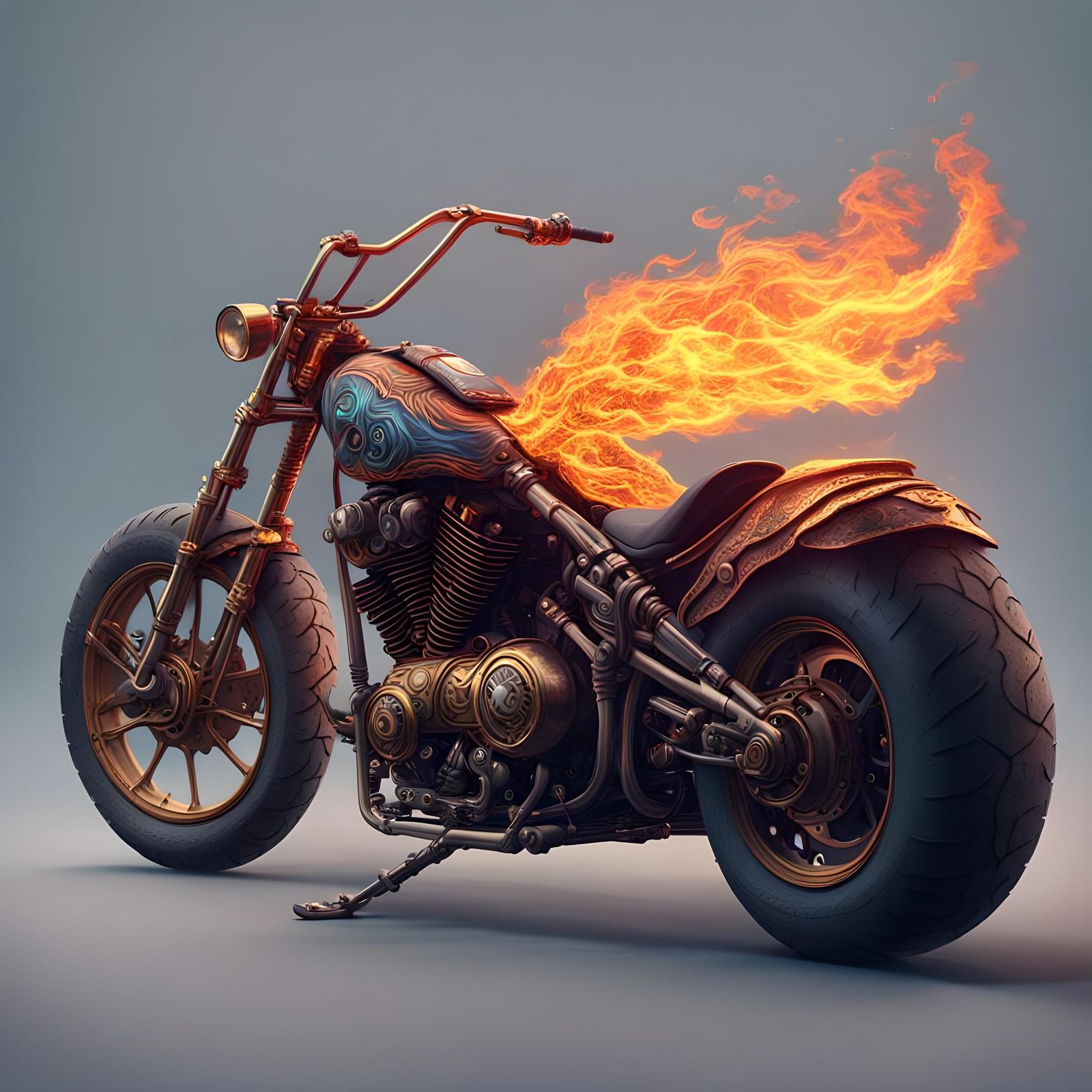 Flaming Motorcycle Skeleton: Detailed Matte Painting