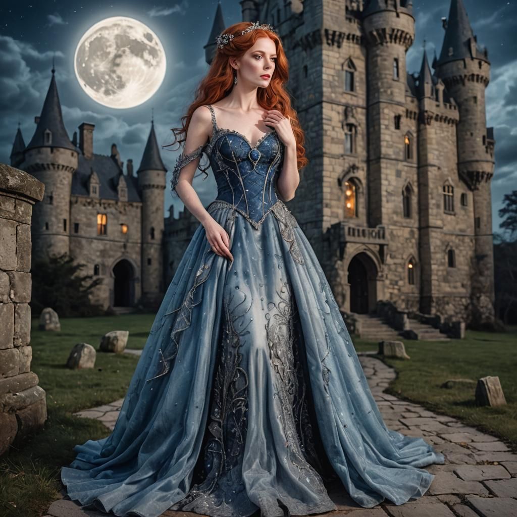 Redhead in Sapphire Dress in Haunted Castle