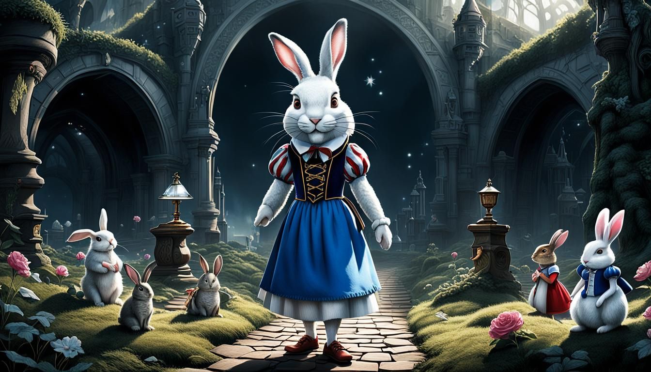 Surreal Fairytale Scene: Wizards, Alice, and Snow White