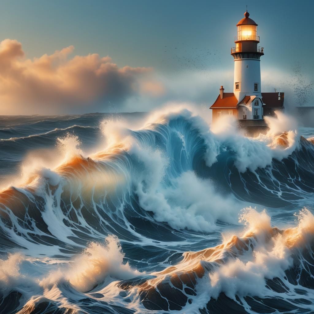 Hyperrealistic Lighthouse at Dawn Ocean Scene