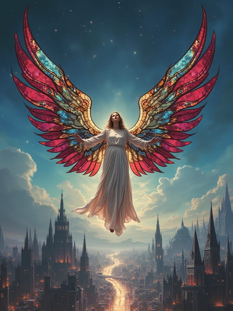 Cosmic Angel Over Futuristic Gothic City