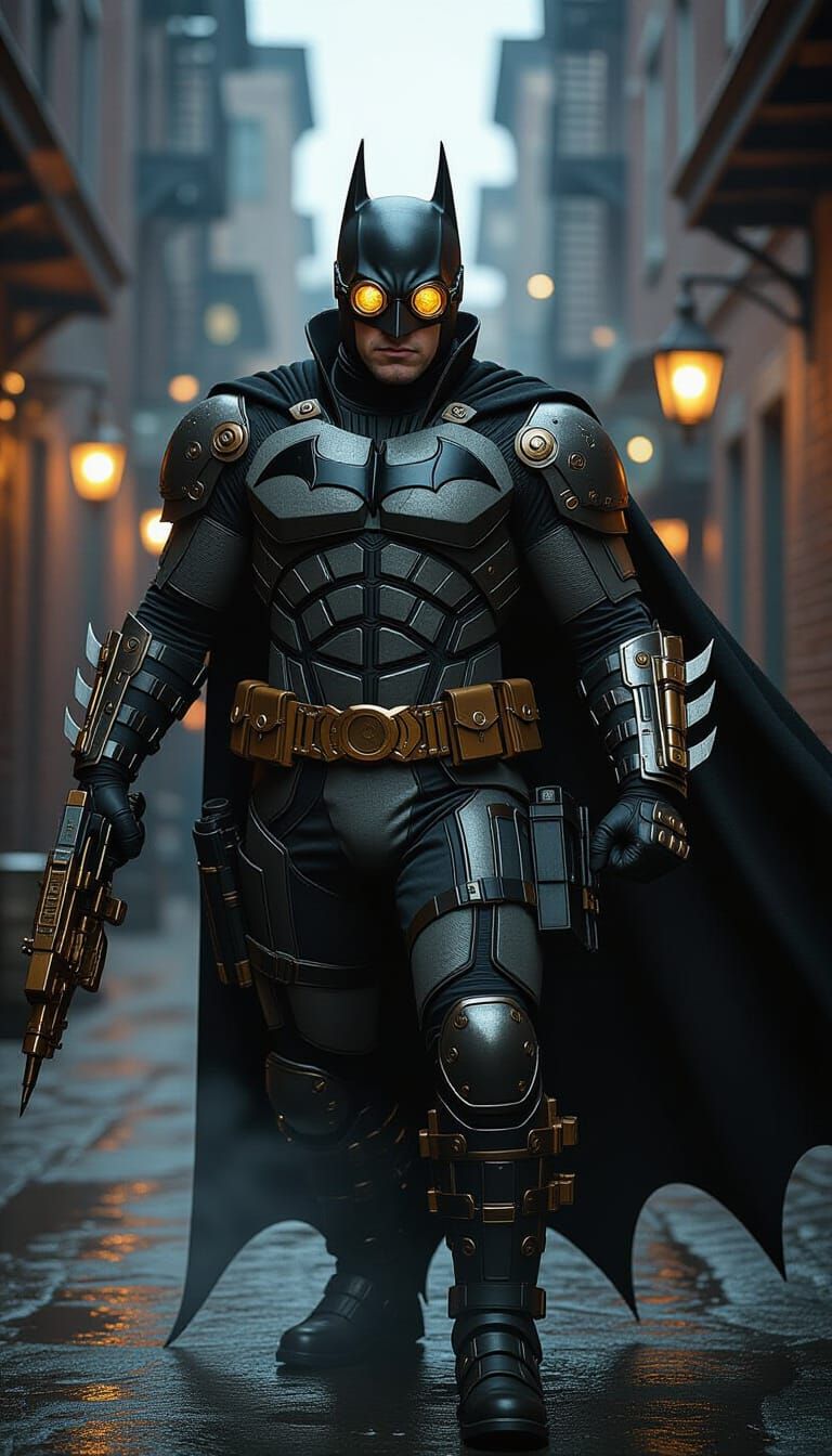 Steampunk Batman in Gotham Alley Action Shot