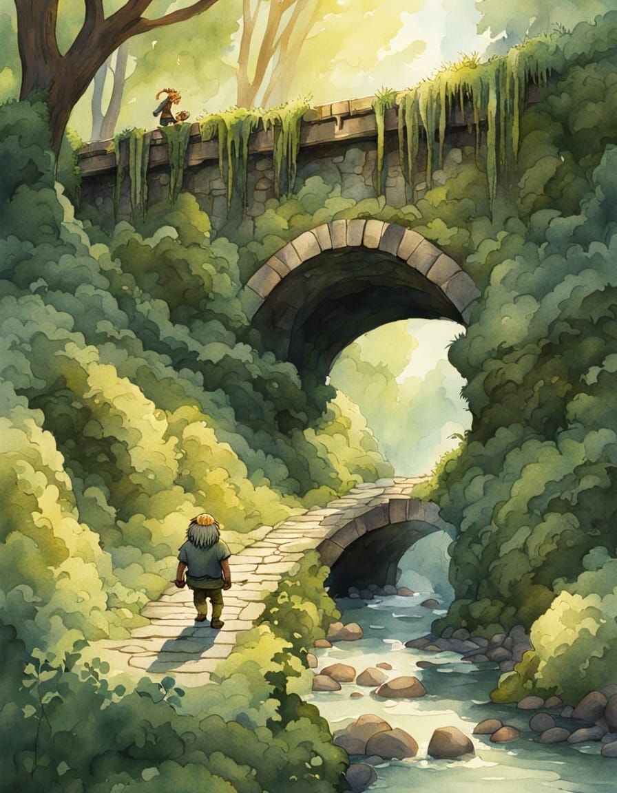 Enchanting Troll Under Bridge Watercolor Illustration