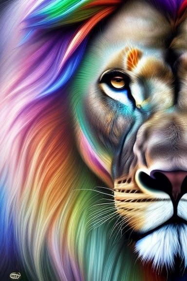 Rainbow Maned Lion: Hyperrealistic Digital Art