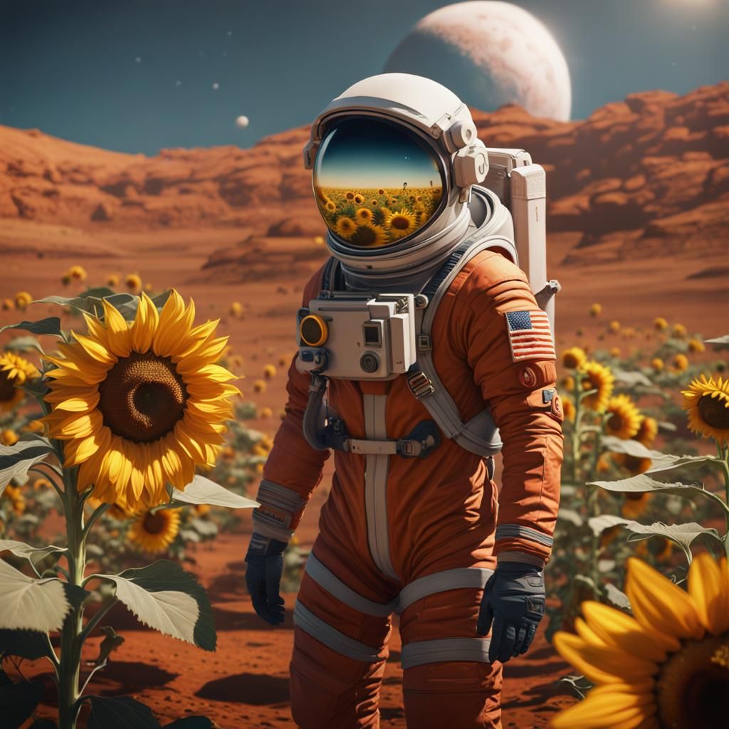 Astronaut and Sunflower on Mars: Digital Art