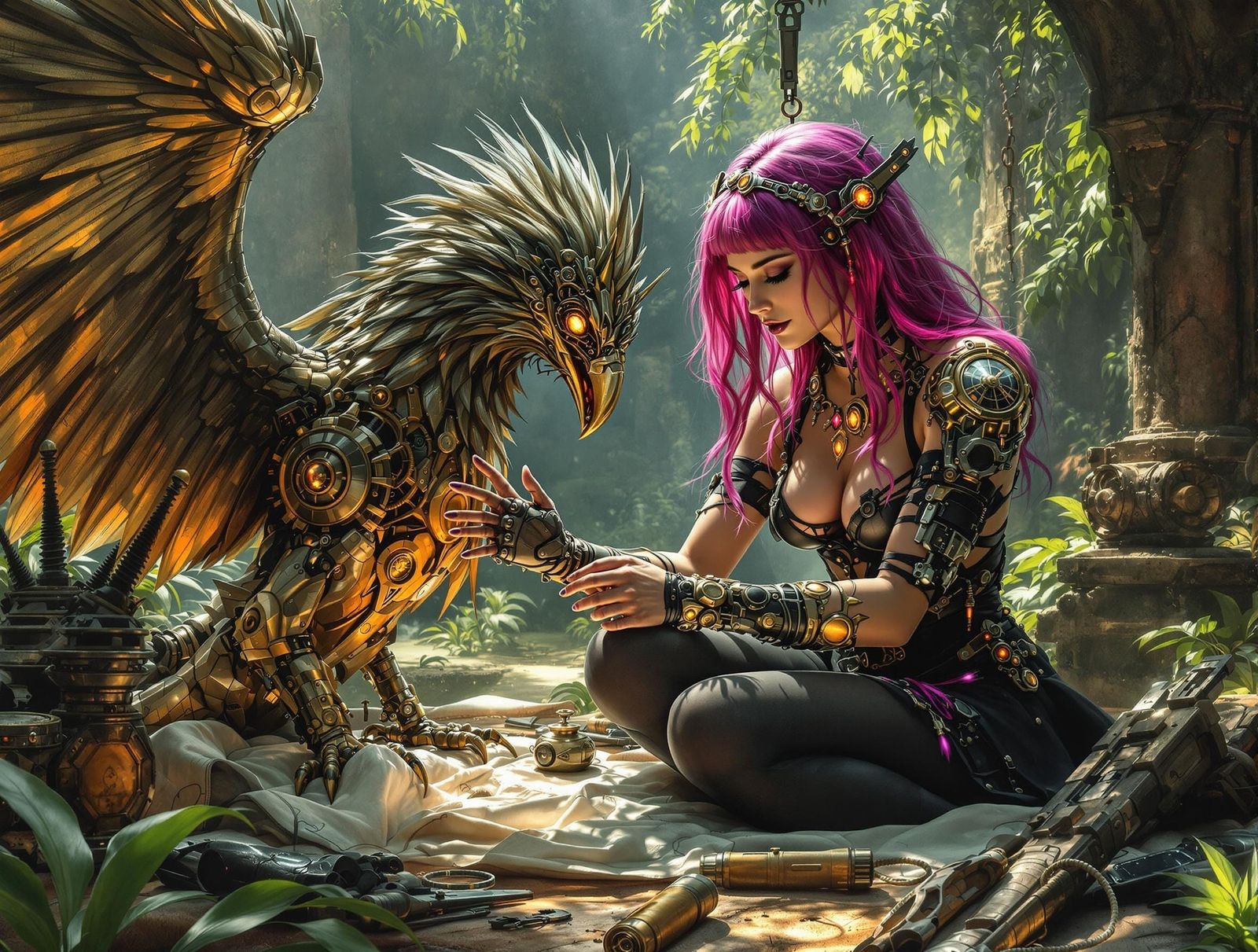 Gothic Dieselpunk Medic Tending Clockwork Gryphon