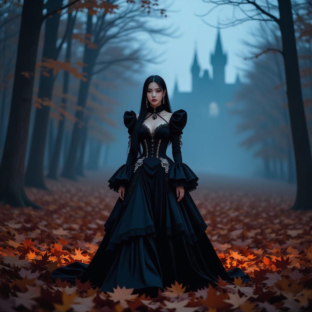 K-Pop Idol in Gothic Outfit Amidst Autumn Forest