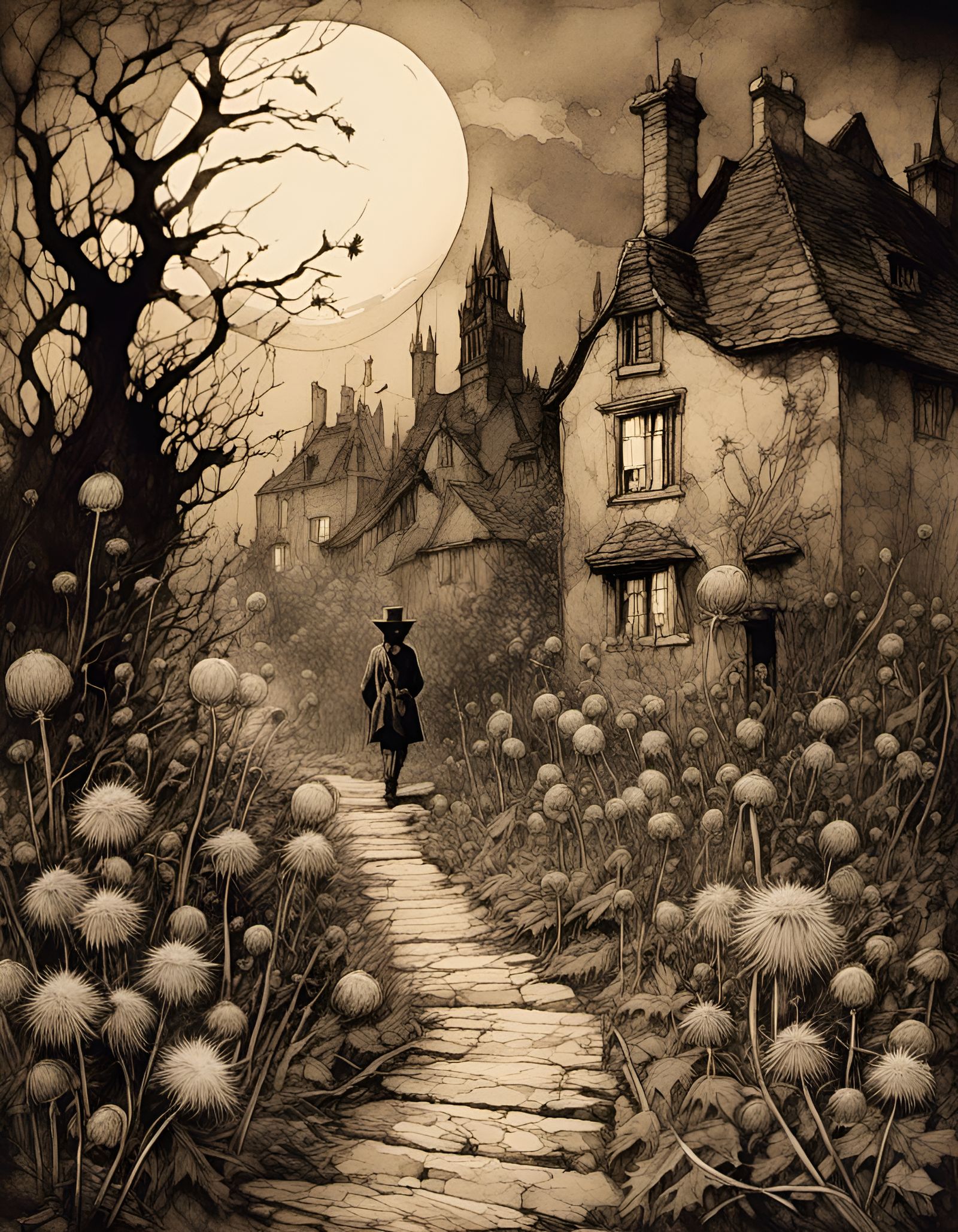 Dark Fantasy Shadow Puppet Landscape in Sepia