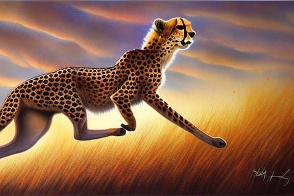 Cheetah Pursuing Antelope in Watercolor Landscape