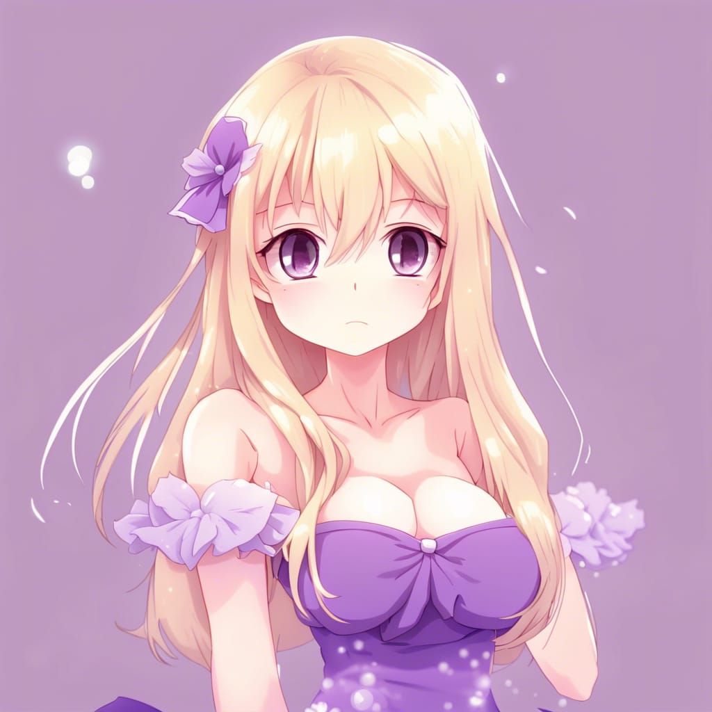Cute Anime Girl with Blonde Hair in Purple Dress