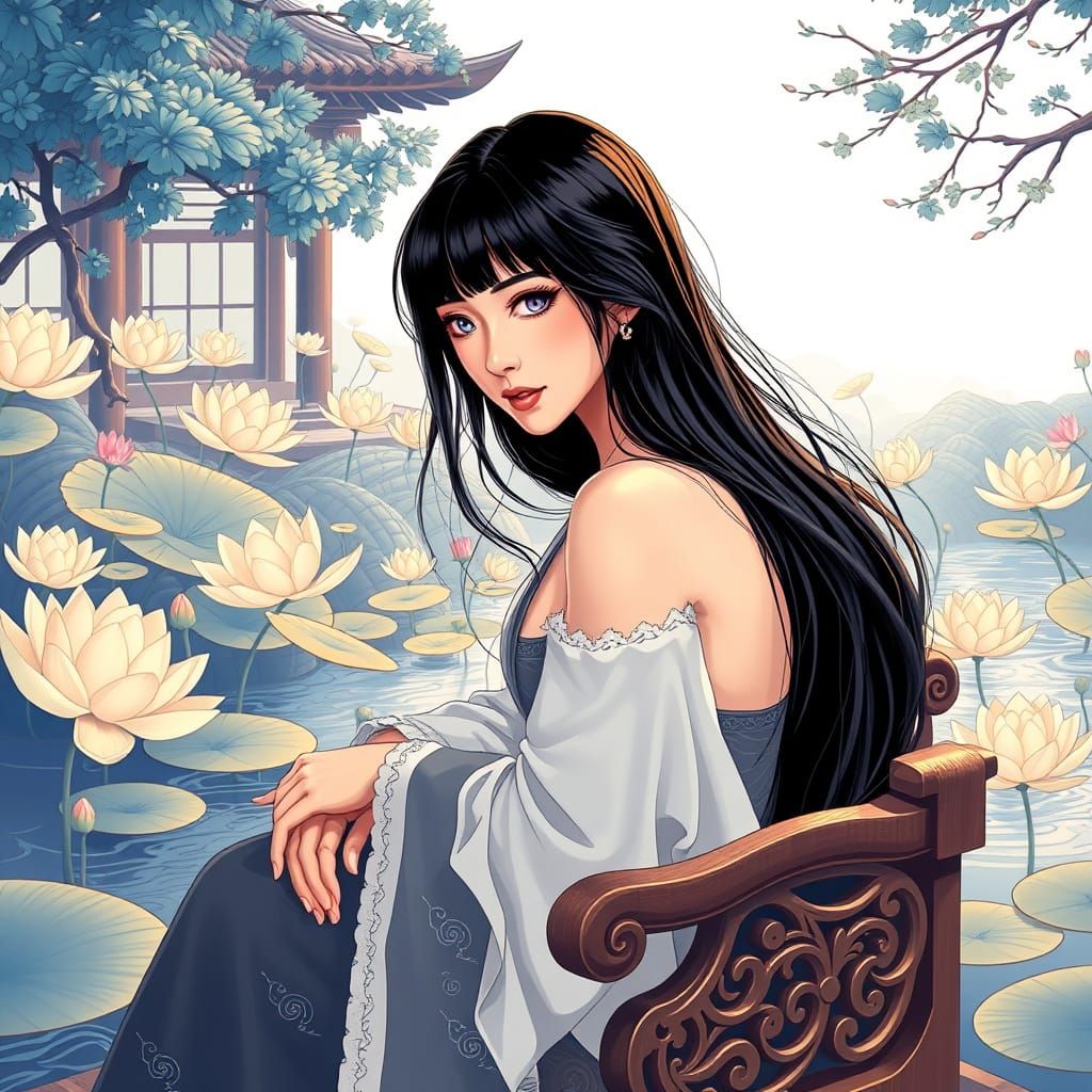 Elegant Asian Woman in Serene Lotus Garden