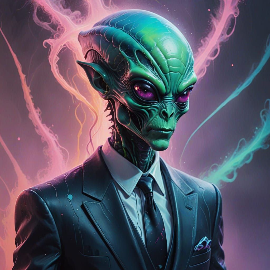 Alien in Suit: Dadaist Airbrush Artwork
