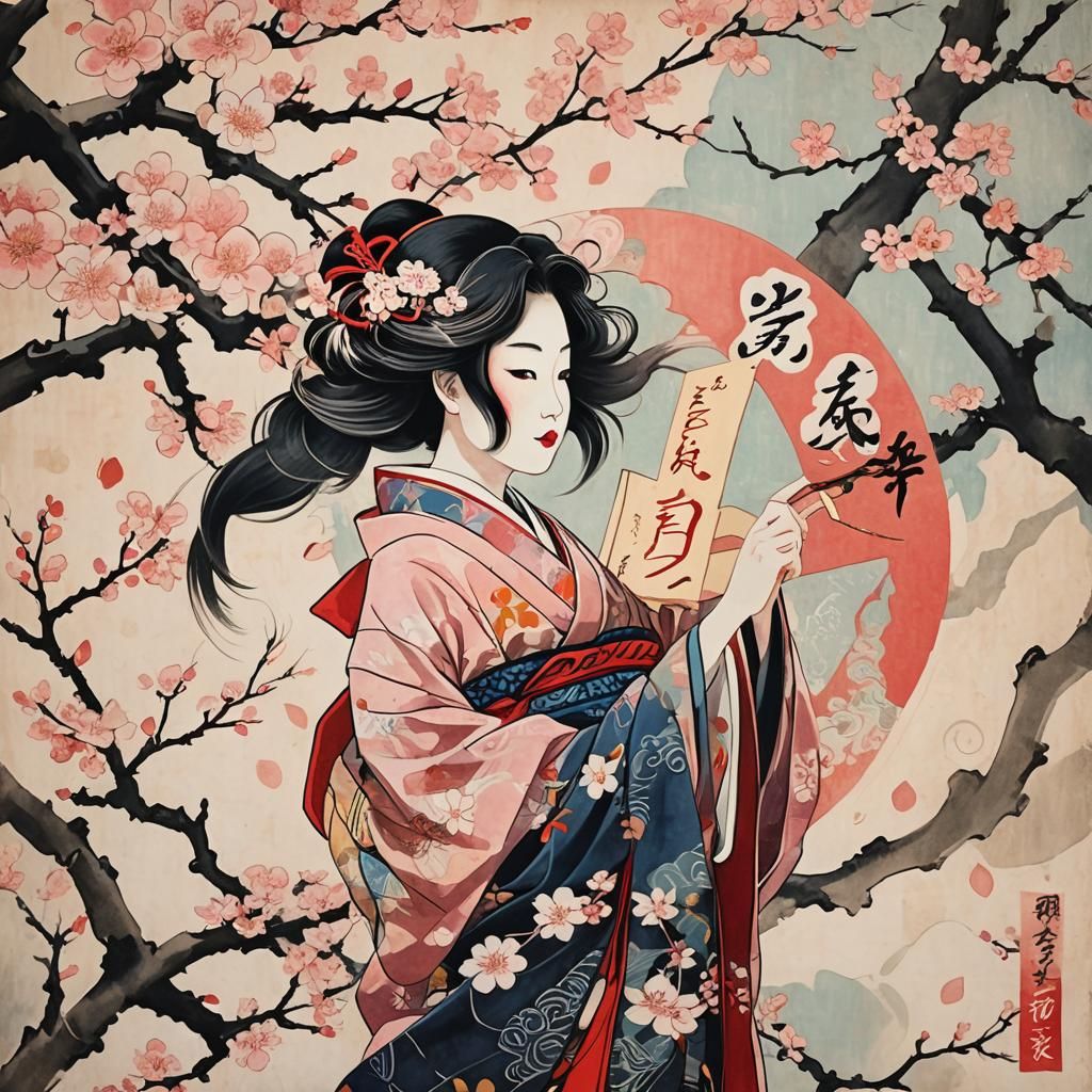 Ukiyo-e Woman with Cherry Blossom and Letter